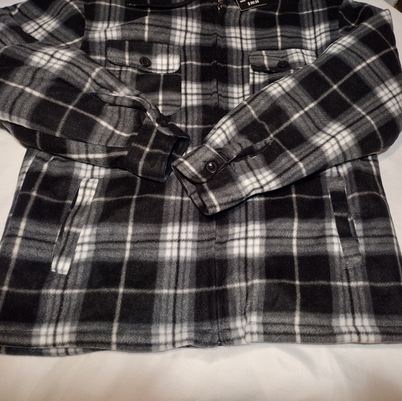 Hanton Black and White Plaid Fleece Sherpa Lined Zippered Hooded Jacket - Picture 6 of 12